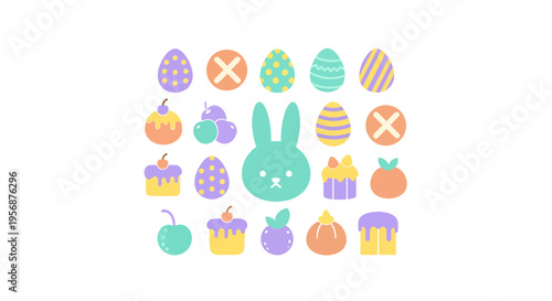 Easter 2026 Vector Illustration Set with Cute Bunny, Decorative Eggs, and Sweet Pastries in Pastel Colors