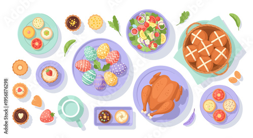 Flat Vector Illustration of Easter Dinner Feast with Roast Chicken, Decorated Eggs, and Hot Cross Buns