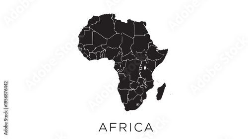 Africa continent map with country borders in black and white, a minimalist political graphic representing the continent.