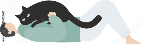 重みで動けない飼い主と甘える飼い猫のコミカルな日常風景のベクター挿絵