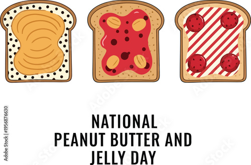 National Peanut Butter and Jelly Day celebration card with toast slices and sweet toppings illustration