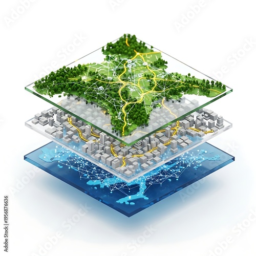 Innovative multi-layered geographic information system map showcasing urban infrastructure, green spaces, and interconnected data for advanced smart city planning and spatial analysis
