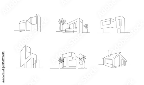 Continuous Line Art Modern Houses and Architectural Buildings with Palm Trees Vector Set