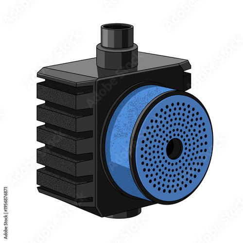 Illustration of a black and blue aquarium filter isolated on a white background, showcasing its modern design and functionality