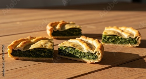 Delicious Spinach Pies on Wooden Table in Natural Light.