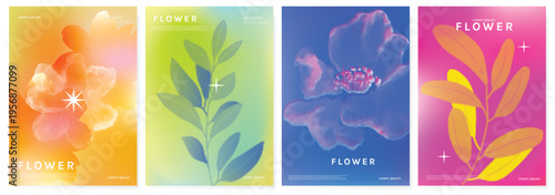 Summer Flower Abstract colorful gradient card background set. Minimalist poster with halftone elements for poster ads.