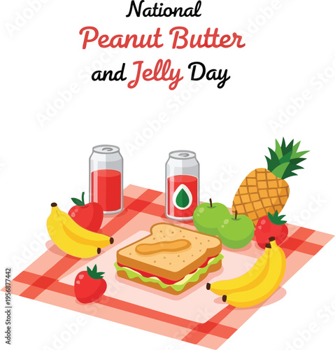 National Peanut Butter and Jelly Day celebration with sandwich fresh fruits and drinks picnic illustration