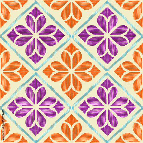 Seamless floral pattern with embroidery stitch texture and geometric flower shapes.