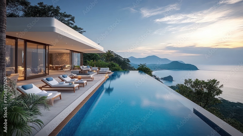 Fototapeta premium serene modern villa with infinity pool and sun loungers on a glass-walled terrace overlooking ocean islands at sunset