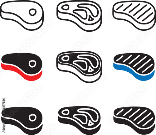 Assorted steak cuts in black white red and blue line meat line black