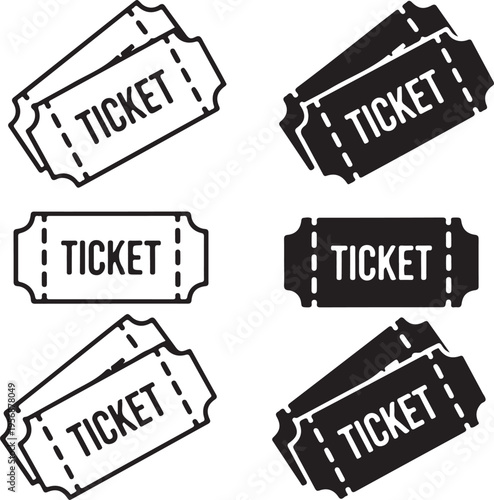 Black and white ticket in various orientations tickets symbols lines text