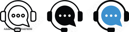 Three chat with headsets in black and blue chat headsets white speech bubbles