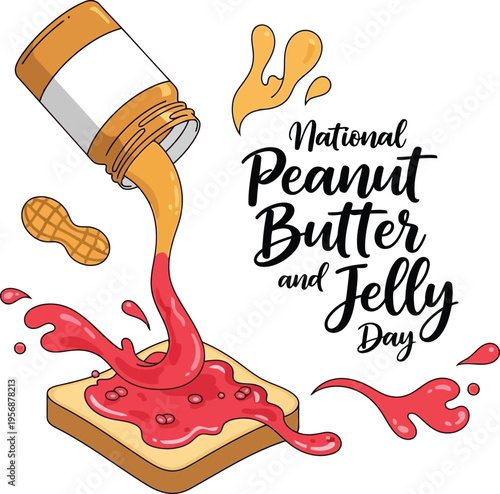 National Peanut Butter and Jelly Day celebration card with toast bread jar and fruit jam