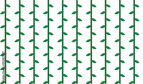 This minimalist seamless pattern featuring vertical green stems with small leaves arranged in a clean repetitive row background