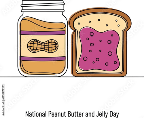 National Peanut Butter and Jelly Day Illustration with Jar and Bread Slice Flat Design Vector