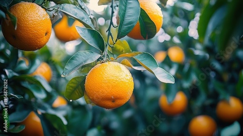 Ripe oranges hanging from leafy branches with dewy droplets, bright fresh and abundant orchard mood