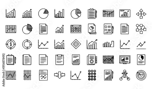 Classic line analytics icon set with reports charts graphs and data statistics symbols in outline vector style