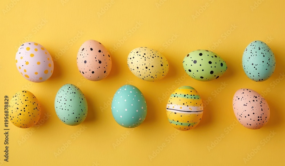 Obraz premium ten pastel speckled and striped painted eggs arranged in two neat rows on a bright yellow background creating a cheerful springtime scene
