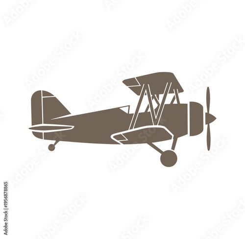 Brown biplane aircraft with propeller and wheels on white background