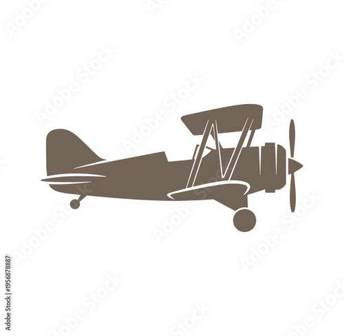 Brown biplane aircraft with propeller and wings isolated on white background