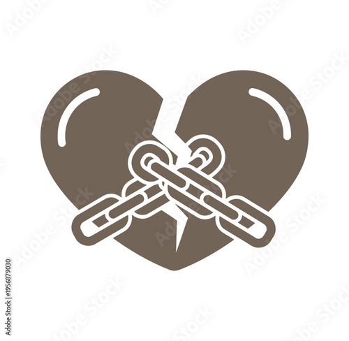 Brown heart broken in two pieces with chain wrapped around it