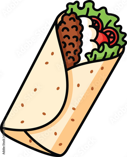 Delicious Doner Kebab Wrap Illustration with Fresh Vegetables and Meat Isolated on White Background