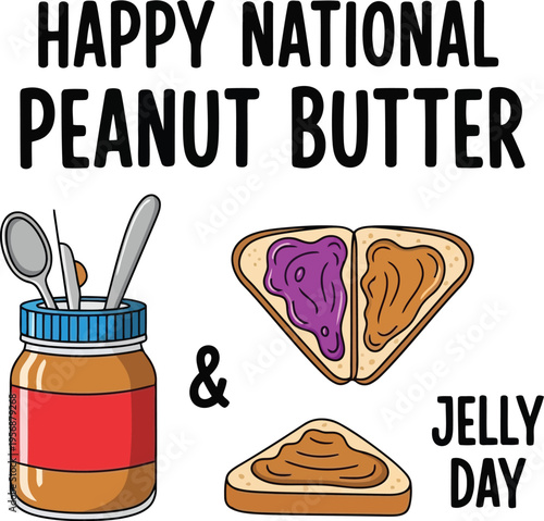 National Peanut Butter and Jelly Day Greeting Card Illustration with Bread Slices and Jar