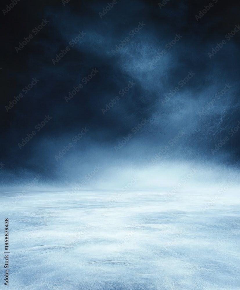 Obraz premium vast frozen plain beneath a stormy dark sky with swirling mist on the horizon, empty and haunting solitude