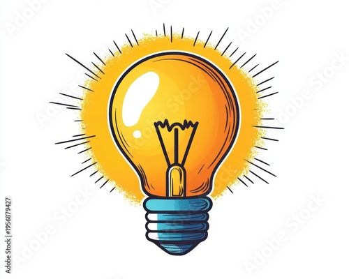 hand-drawn glowing yellow light bulb with blue screw base and visible filament radiating bright rays, conveying creative inspiration and upbeat optimism
