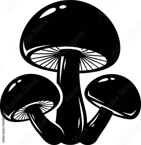 A black and white illustration depicting three detailed mushroom shapes