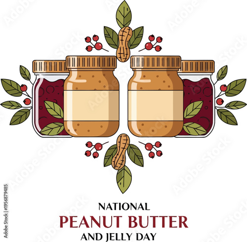 National Peanut Butter and Jelly Day Illustration with Jars and Nuts for Food Design Projects