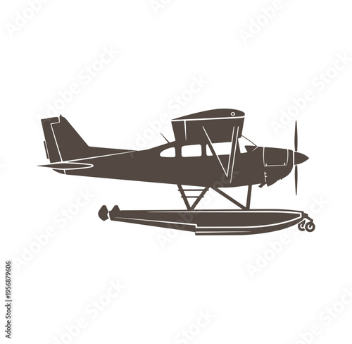 Brown seaplane on pontoons isolated on white background