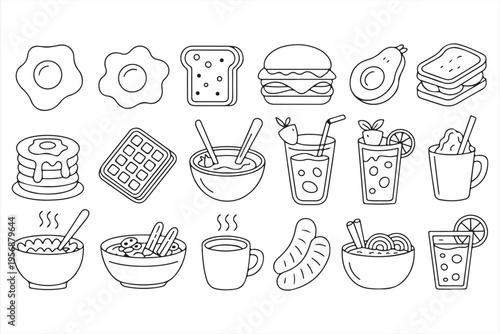 Breakfast Food Icons Set with Coffee, Pancakes and Healthy Meals