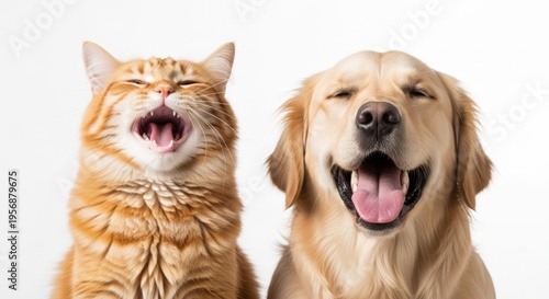 A happy ginger cat and a golden retriever dog with their mouths open wide, appearing to laugh joyfully side-by-side on a white background.