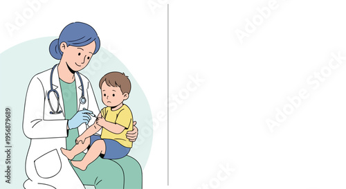 A female doctor administering a vaccine to a young child during World Immunization Week on a pastel green background