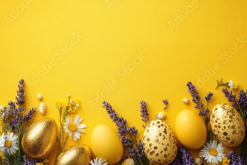 cheerful spring arrangement of golden and yellow eggs with speckled eggs, daisies and lavender on bright yellow background