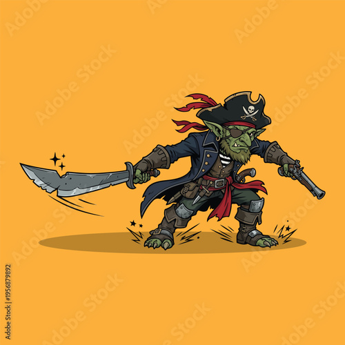 Cartoon Goblin Pirate Character with Sword and Pistol