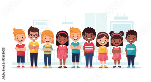 Diverse group of children standing together supporting world immunization week with a colorful and educational background