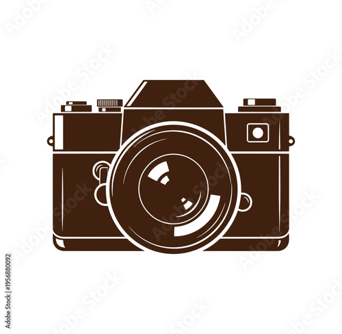 Brown singlelens reflex camera with white outline on white background