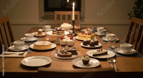 Elegant Dessert Table Setting with Candlelight and Assorted Cakes.