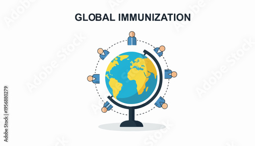 Illustration of a globe surrounded by syringes on a white background, highlighting global immunization week with a focus on health and vaccination efforts worldwide