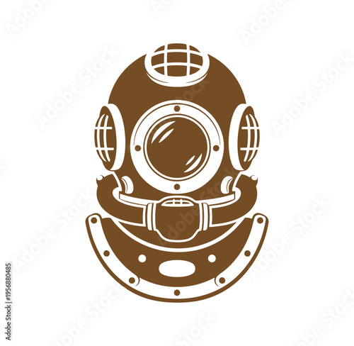 Brown vintage diving helmet illustration with white details and transparent background