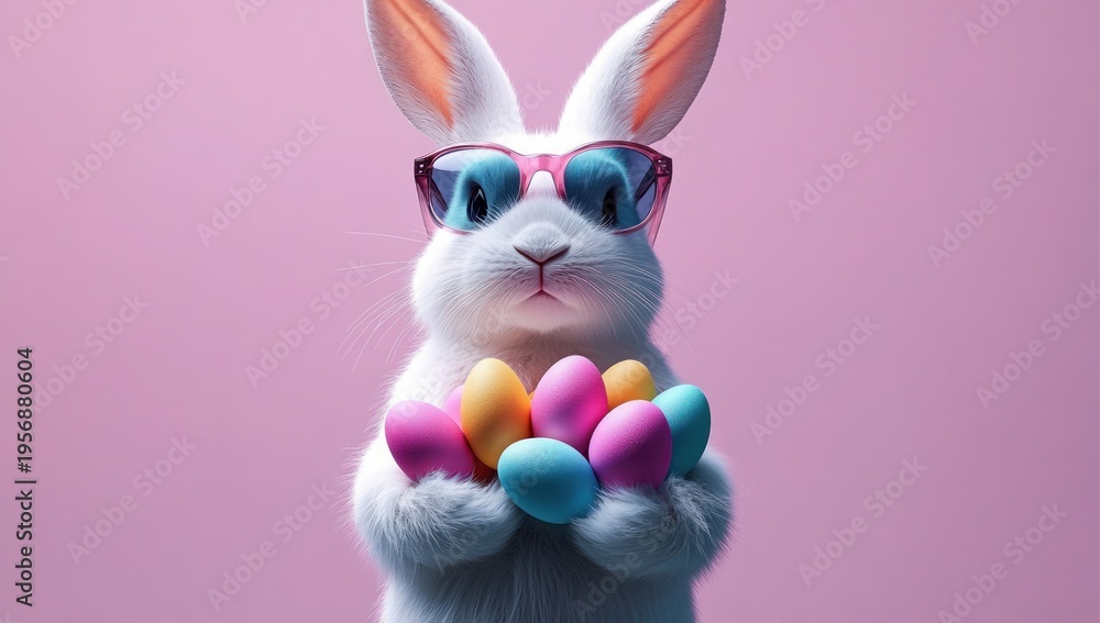 Fototapeta premium white fluffy rabbit wearing pink sunglasses holding a handful of colorful pastel eggs against a soft pink background, cheerful and playful