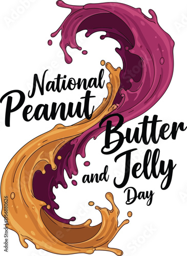 National Peanut Butter and Jelly Day celebration design with splashing liquid food ingredients vector illustration