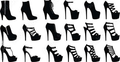 High heel shoes silhouettes collection, fashionable women footwear set, stylish boots sandals pumps, trendy fashion design vector isolated on white background