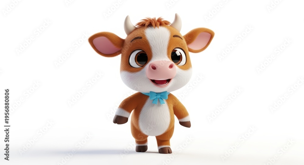 Obraz premium Adorable 3D animated cartoon calf with brown and white fur, big eyes, and a blue scarf, standing on a white background.