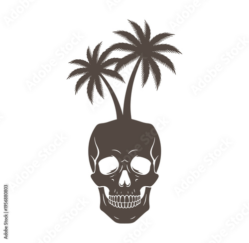 Human skull with palm trees growing out of it on white background