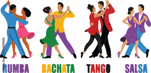 Couple dancing Latin dances vector set, people enjoying salsa, bachata, tango and rumba, elegant partner dance illustration collection