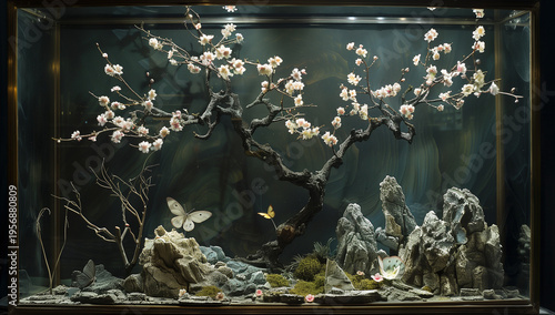 3D Rendered Miniature Garden in Glass Display Case with White Plum Blossoms, Butterflies, and Rocks.