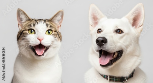A happy tabby cat and a white dog smiling side by side against a plain background.
